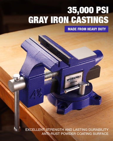 WORKPRO bench vise featuring a 240-degree swivel base for flexible positioning.