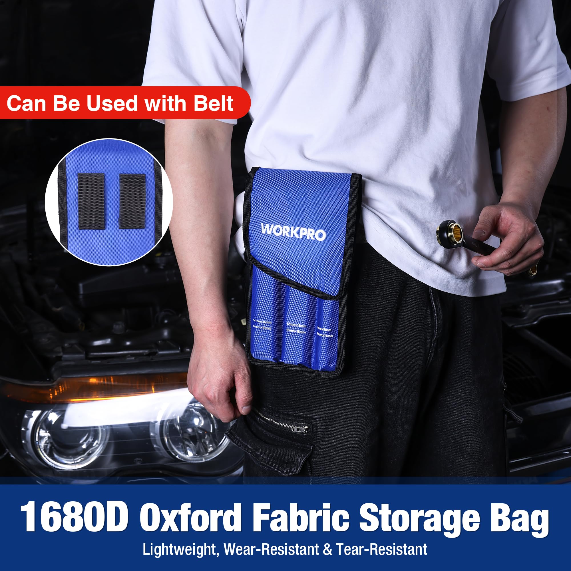 WORKPRO blue storage bag keeps wrenches organized and portable