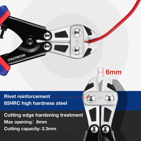 WORKPRO 8-inch bolt cutter in spring-loaded action ready for quick, smooth cuts.