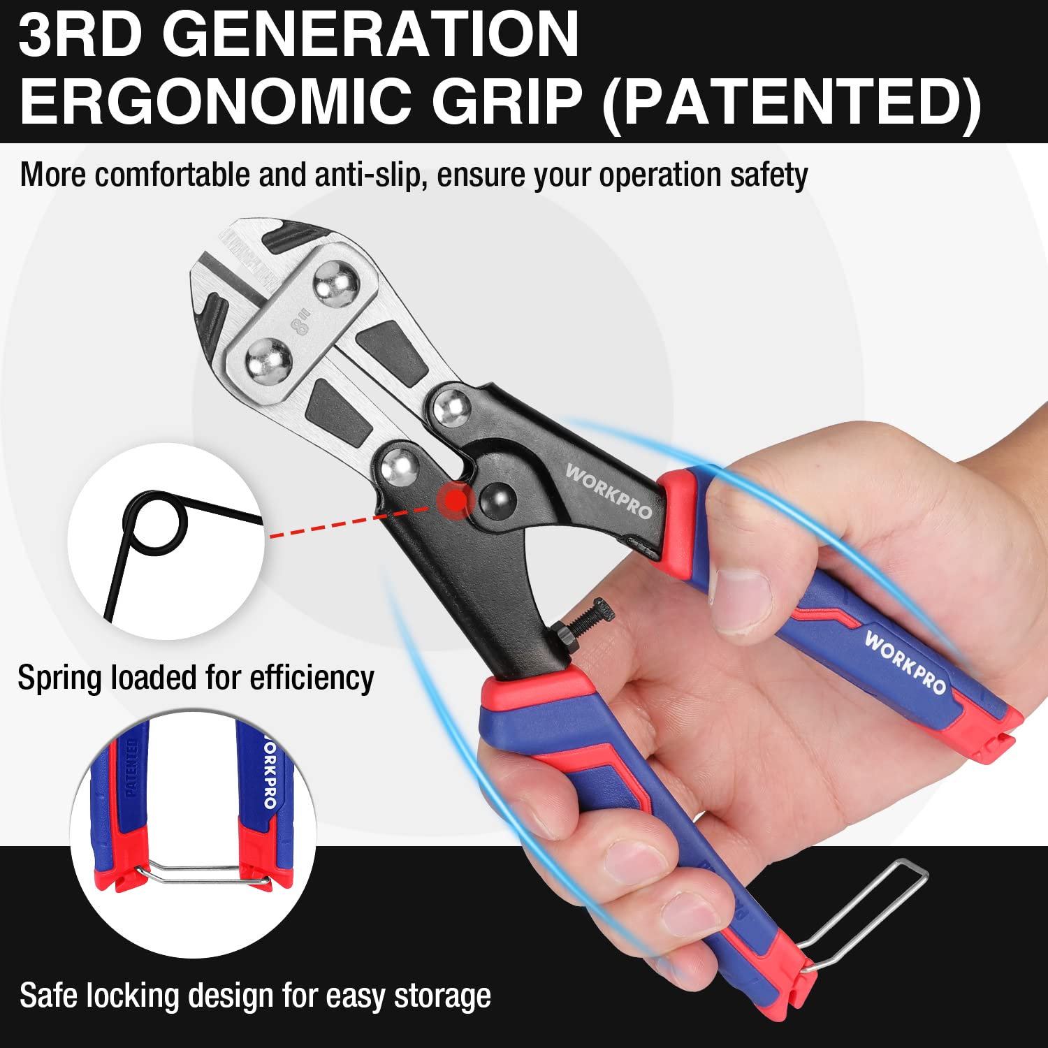 WORKPRO bolt cutter with soft anti-slip handle designed for extended use.