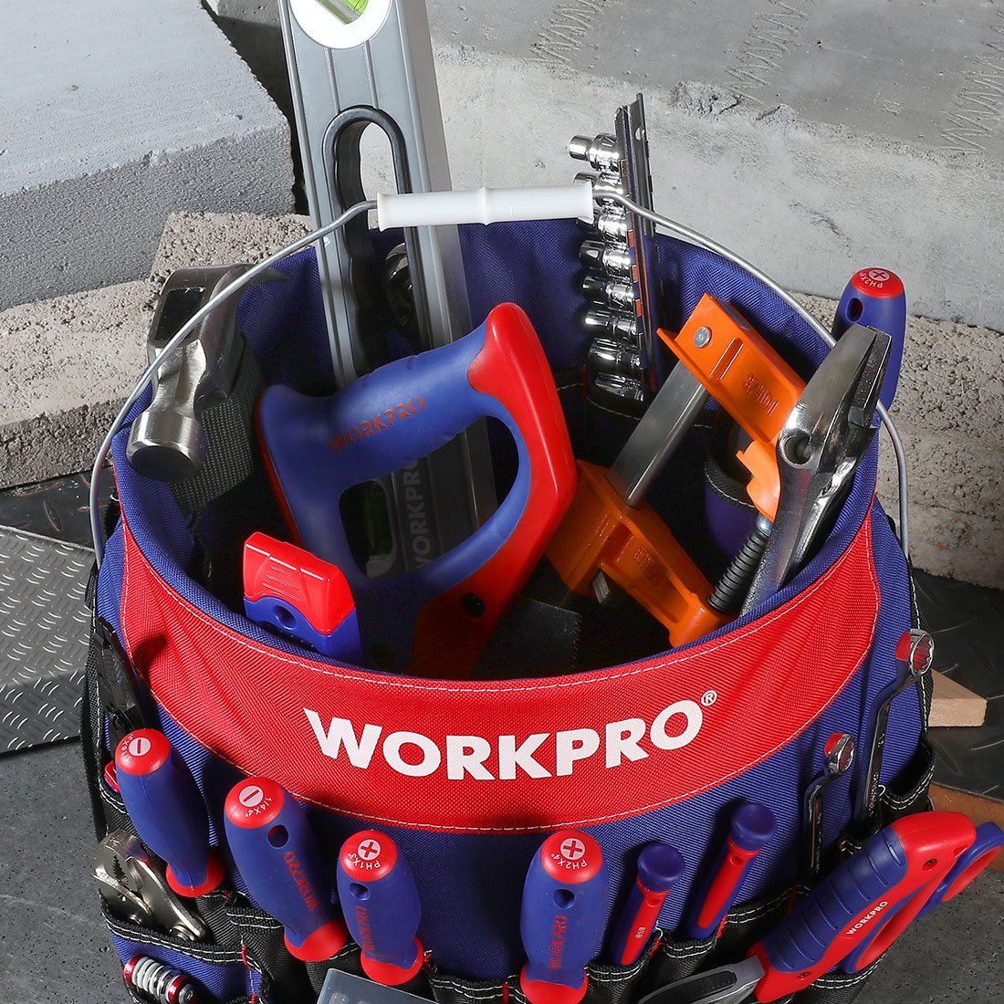 WORKPRO fits most 5-gallon buckets for quick tool transport
