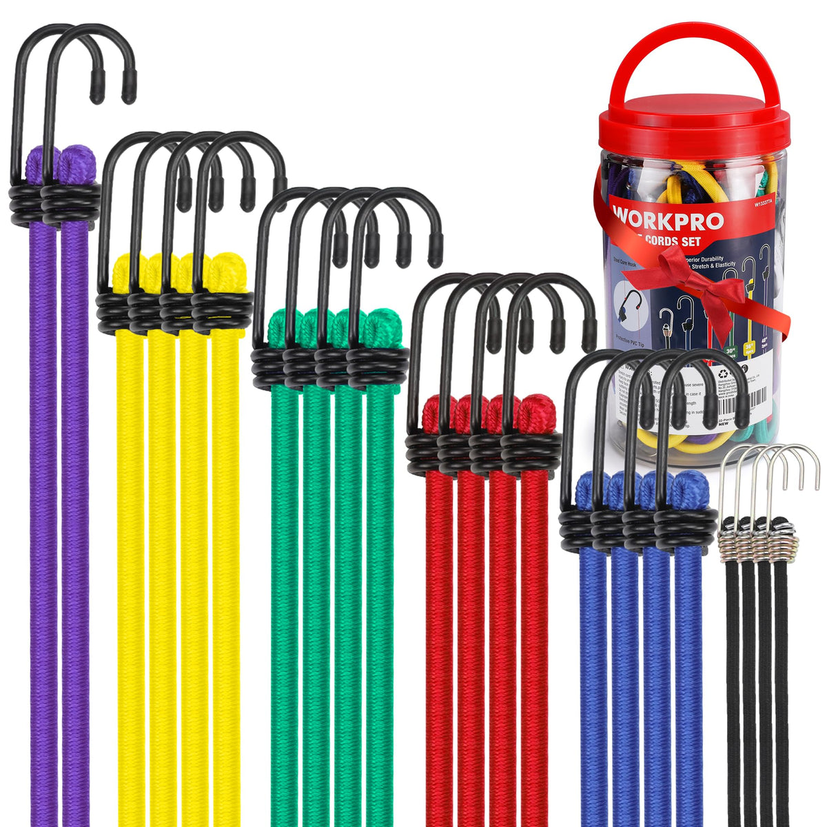 WORKPRO bungee cords stored in a clear jar for easy access