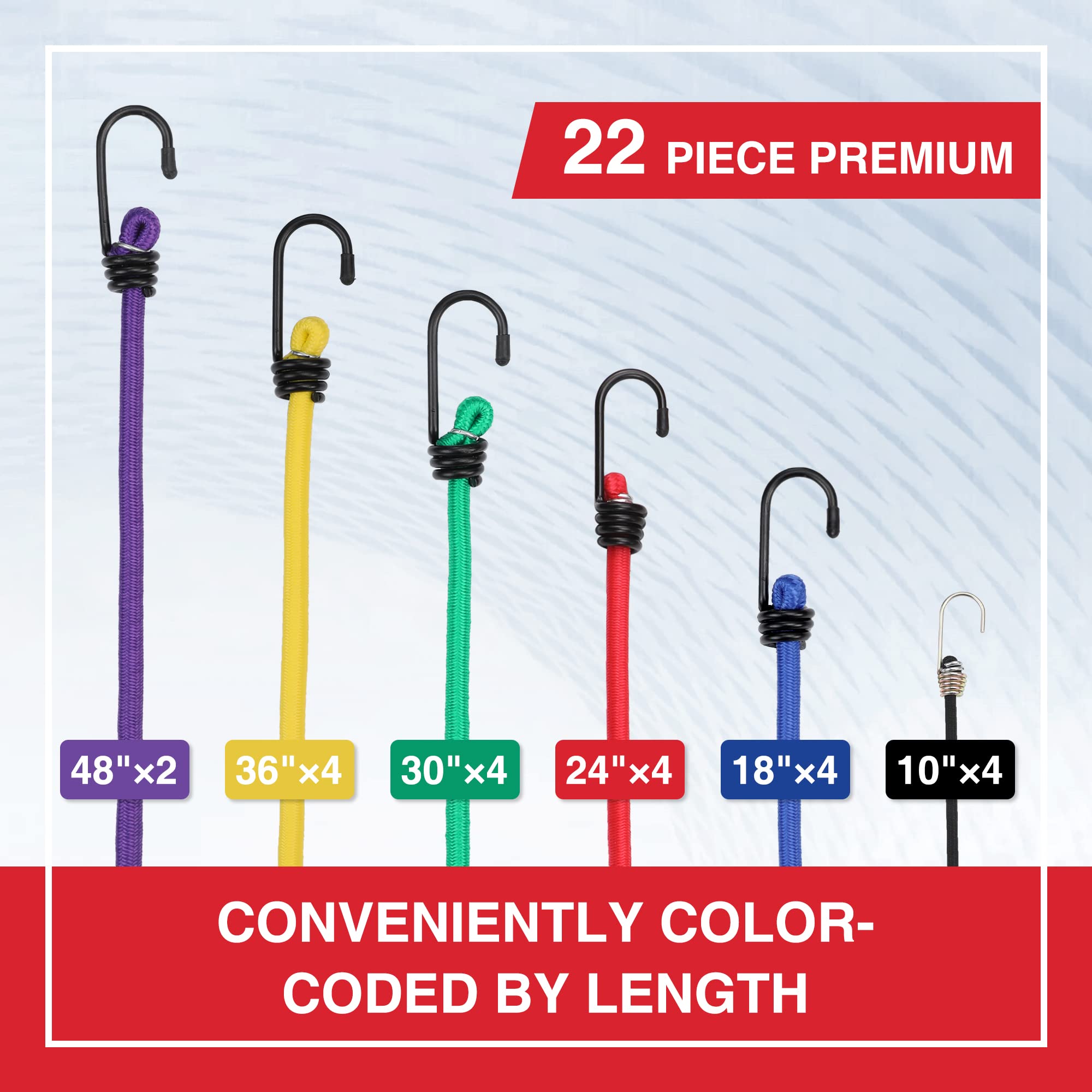 WORKPRO bungee cords color-coded by length for quick selection