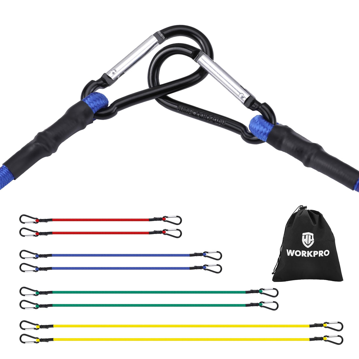 WORKPRO heavy duty bungee cords 18-inch pack for versatile securing on outdoor gear.