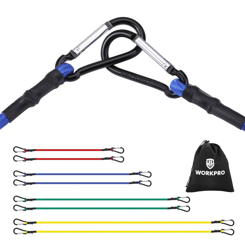 WORKPRO heavy duty bungee cords 18-inch pack for versatile securing on outdoor gear.