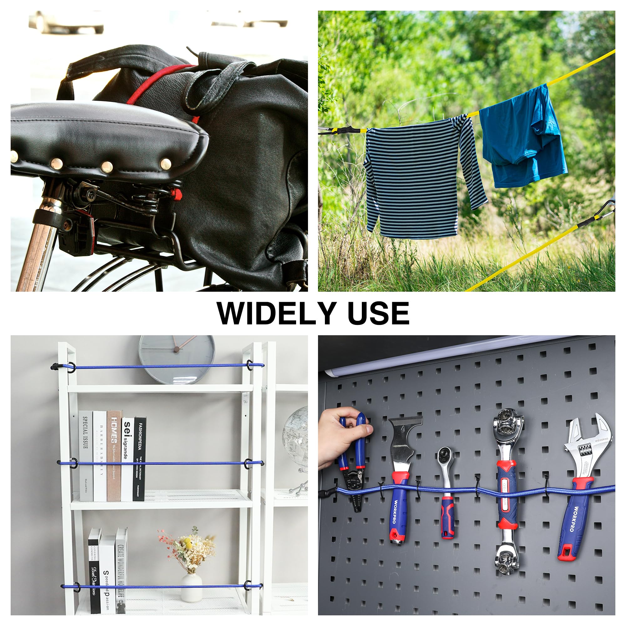 WORKPRO bungee cords securing luggage and gear on a bike rack for travel.