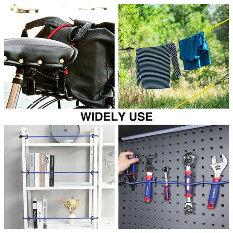 WORKPRO bungee cords securing luggage and gear on a bike rack for travel.