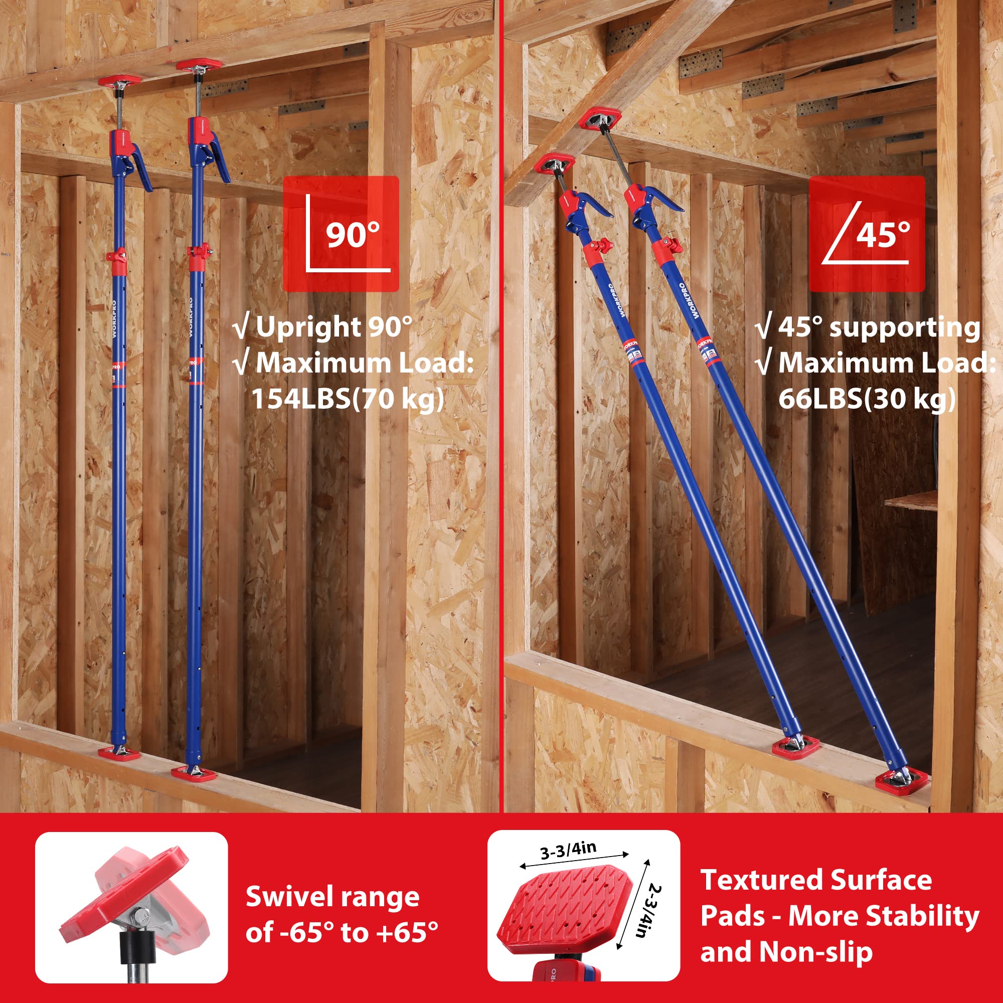 WorkPRO cabinet installation setup with angle-adjustable pole for precise alignment.
