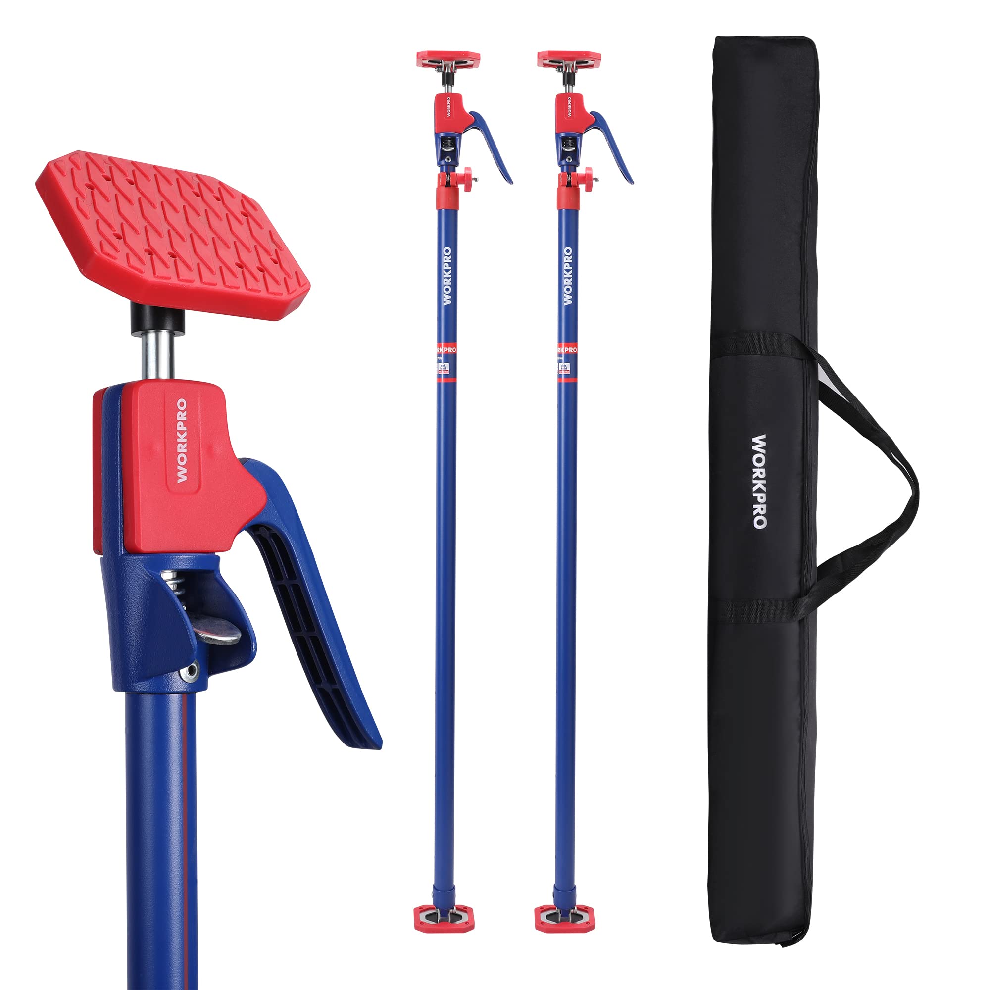 WorkPRO cabinet jack support pole extended to reach tall cabinets for installation.