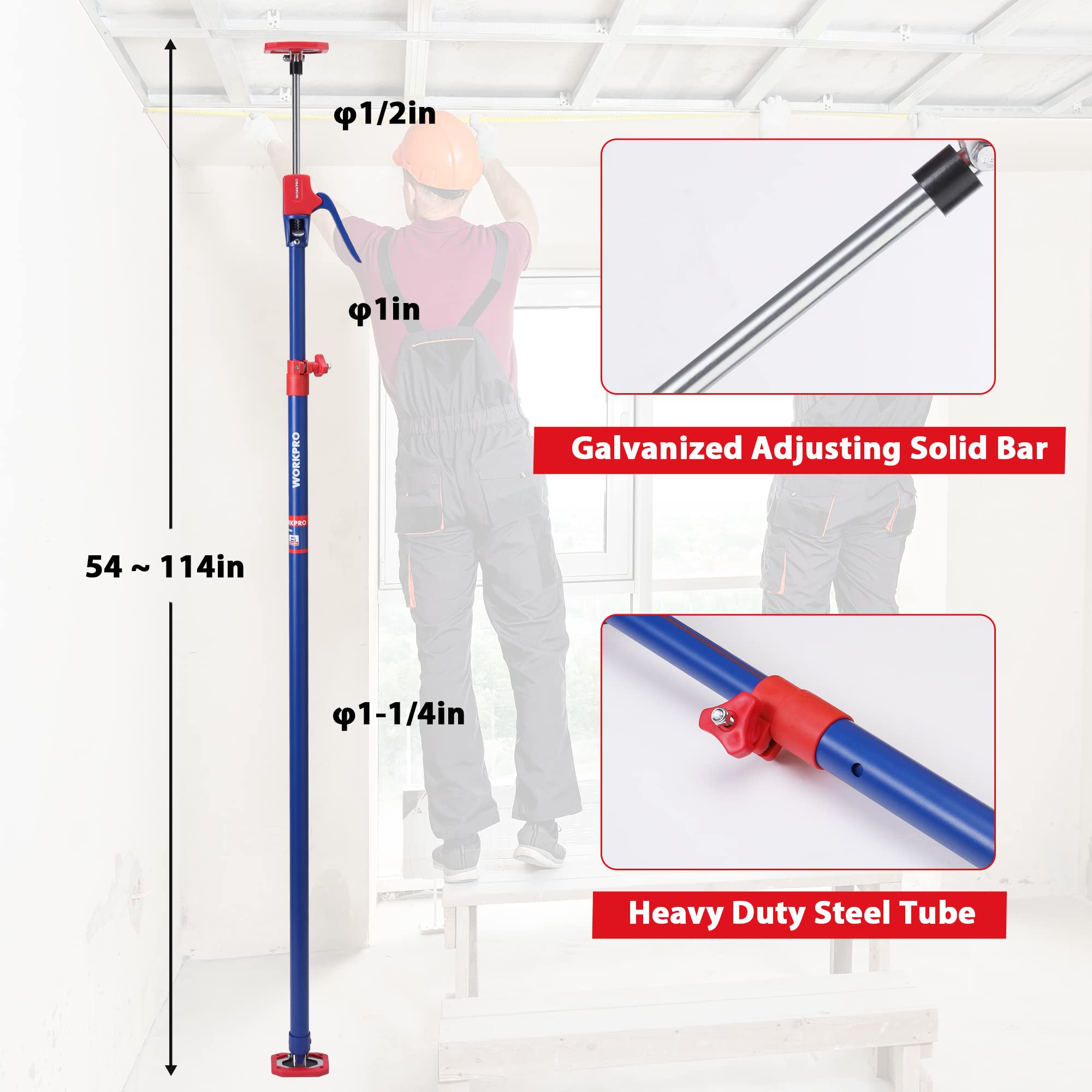 WORKPRO Cabinet Jack Support Pole rotating head for precise positioning in tight spaces.