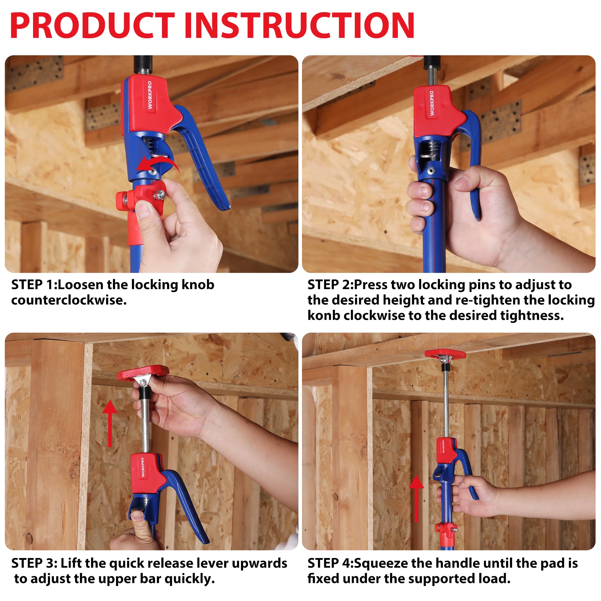 WORKPRO Pole tilted 45 degrees to assist awkward wall installations.