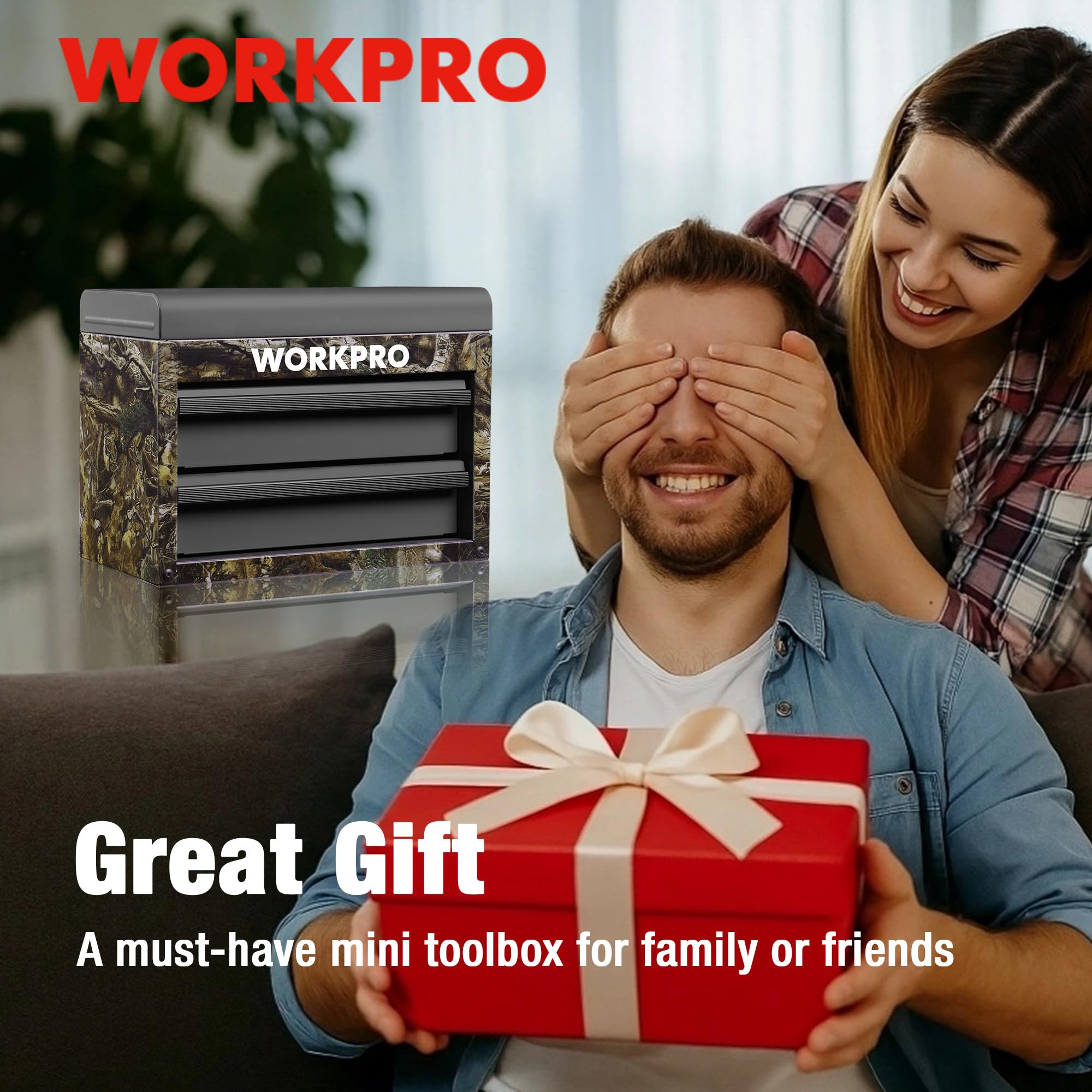 WORKPRO camo metal box keeps tools, school supplies, or cosmetics organized.