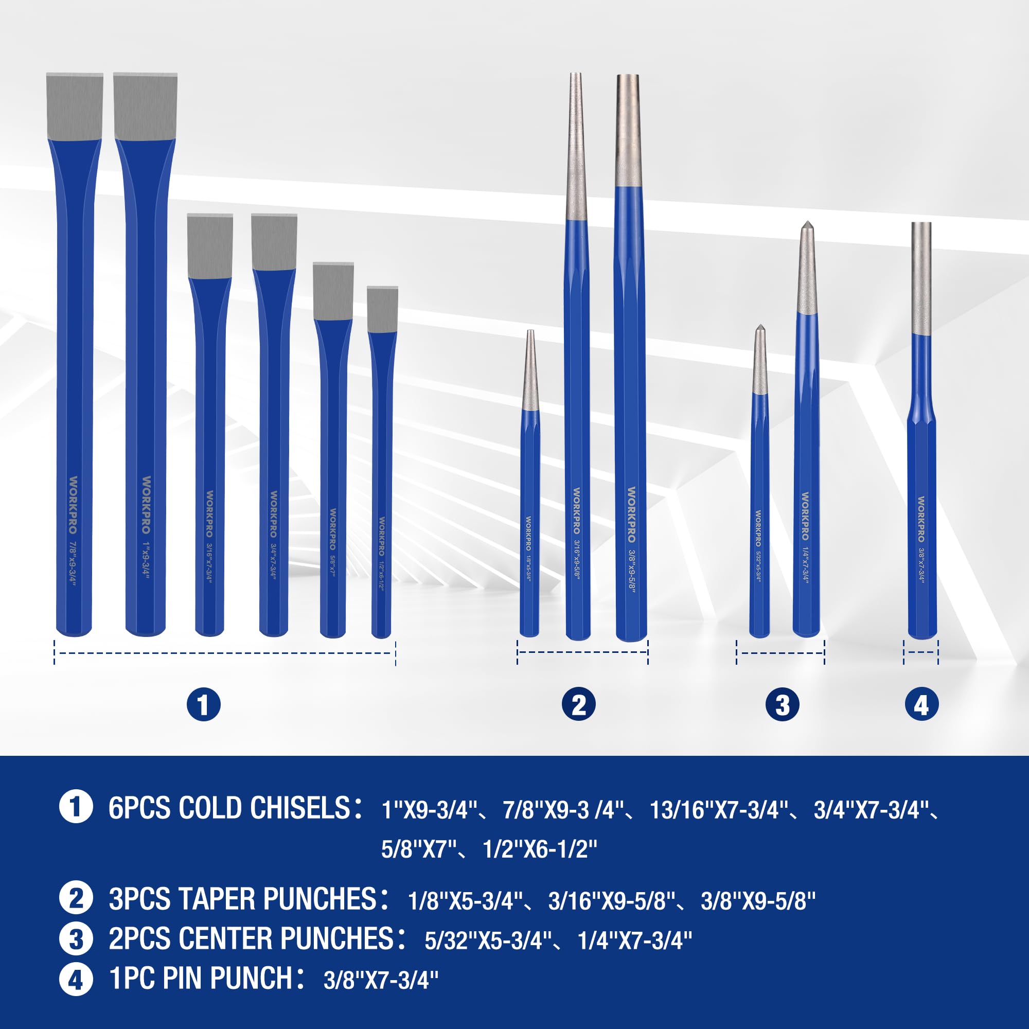 WORKPRO carbon steel chisels with durable edges for metal and wood