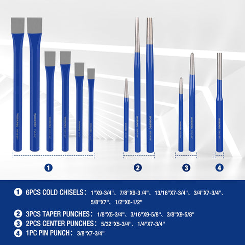WORKPRO carbon steel chisels with durable edges for metal and wood