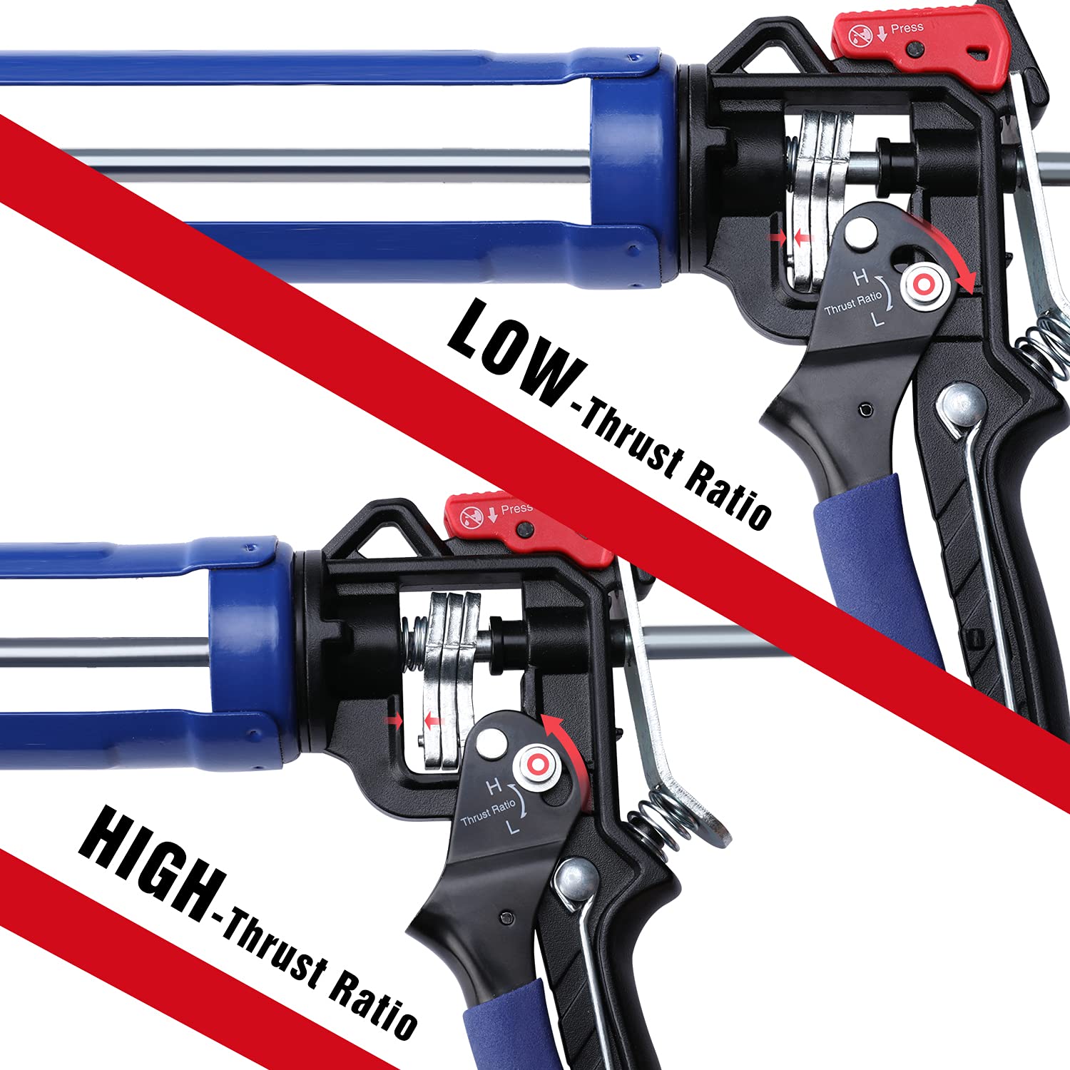 WORKPRO caulking gun high-low flow switch enables controlled material flow.