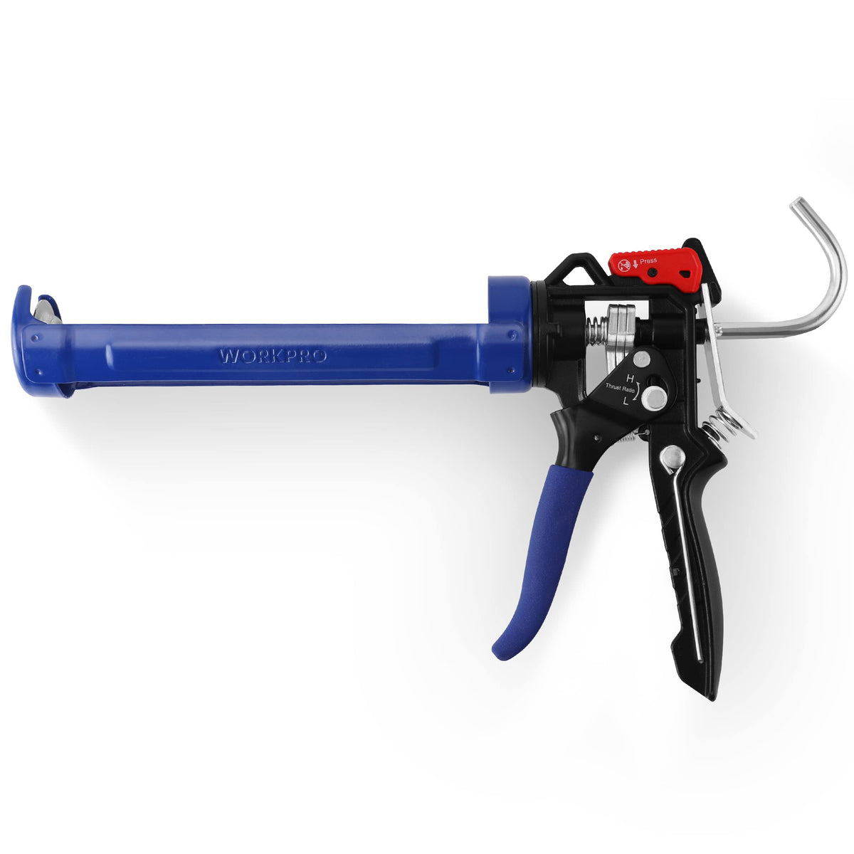 WORKPRO caulking gun with rotating barrel reaches tight spots for precise sealing.