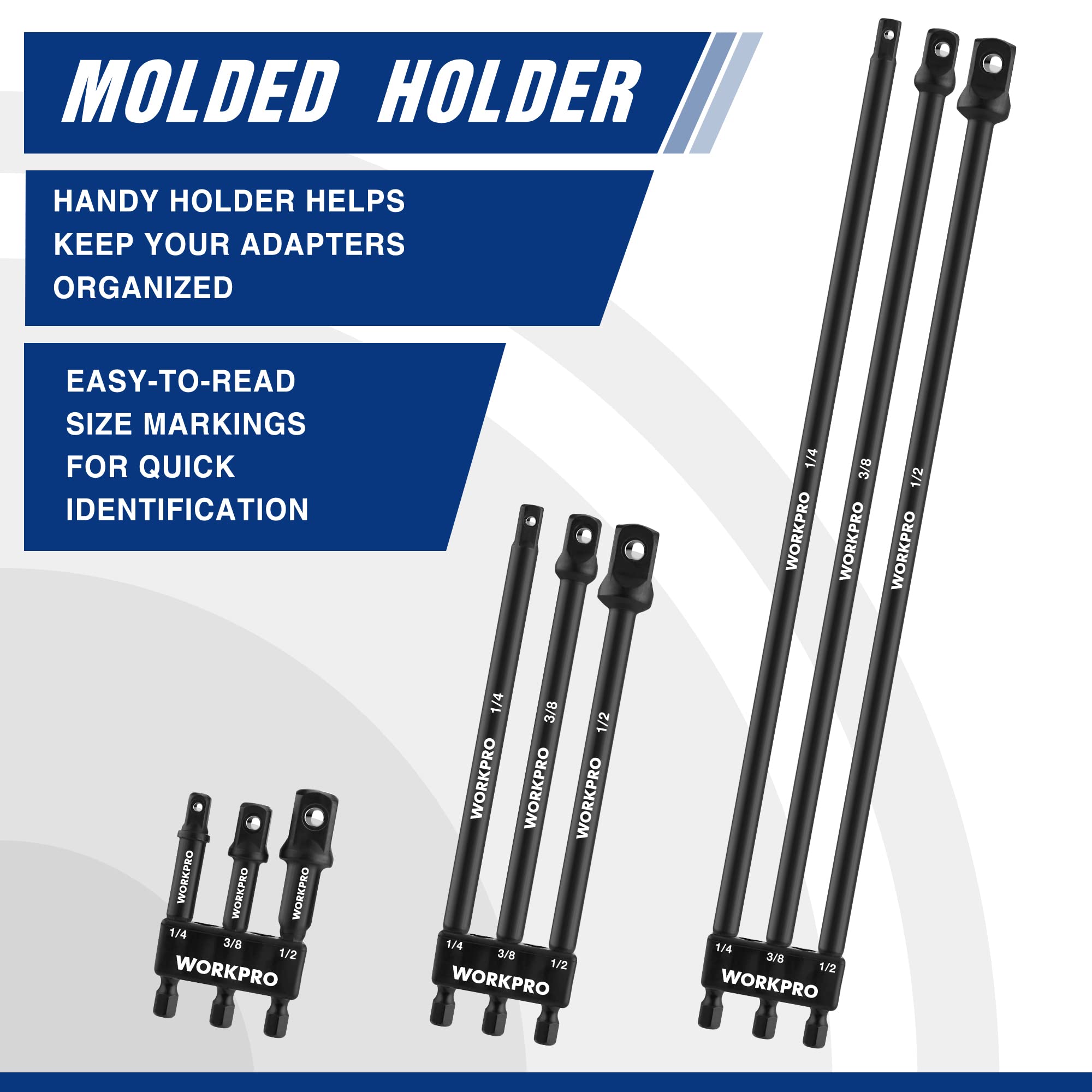 WORKPRO chrome-vanadium steel construction ensures durable adapters.