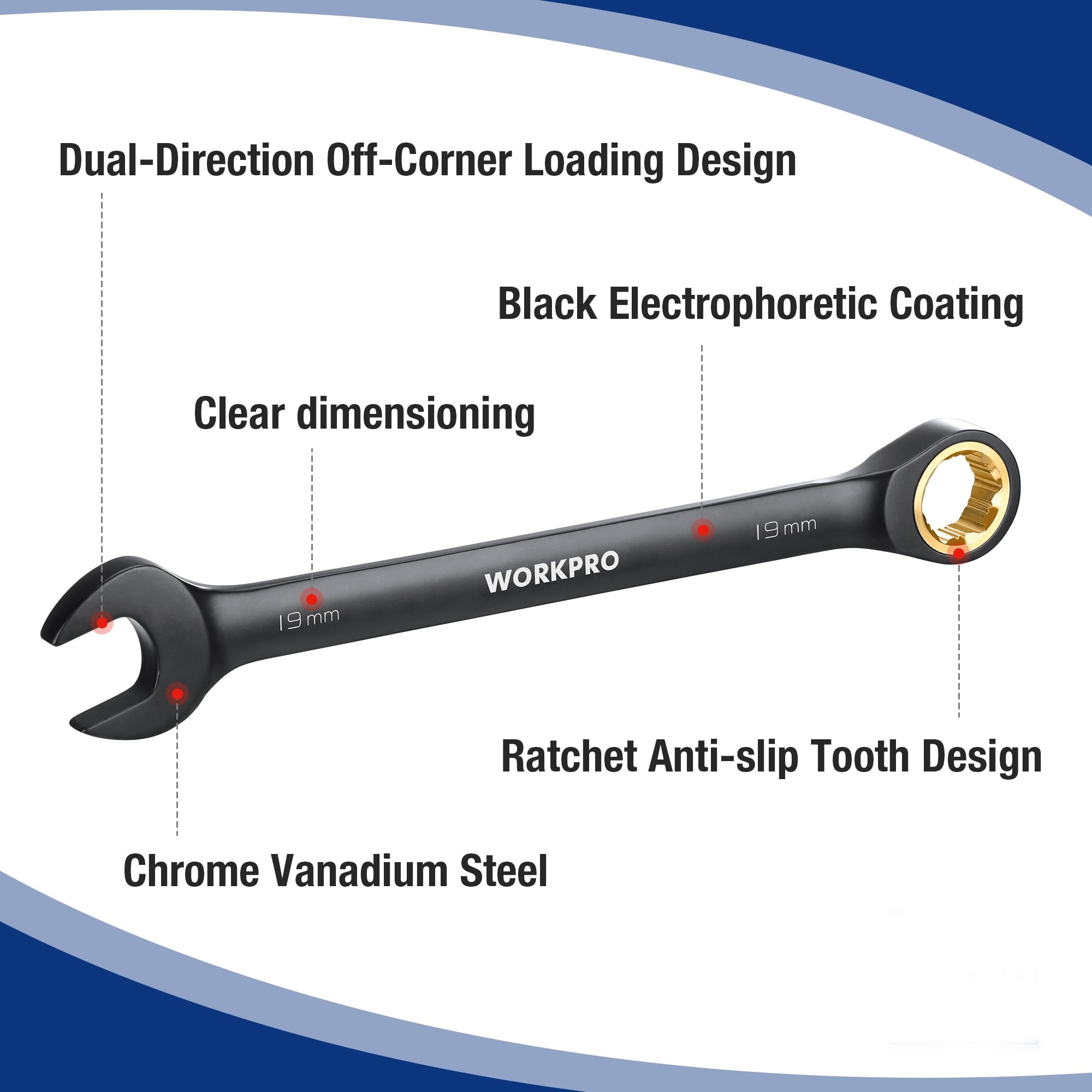 WORKPRO chrome vanadium steel finish demonstrates durability and rust resistance.