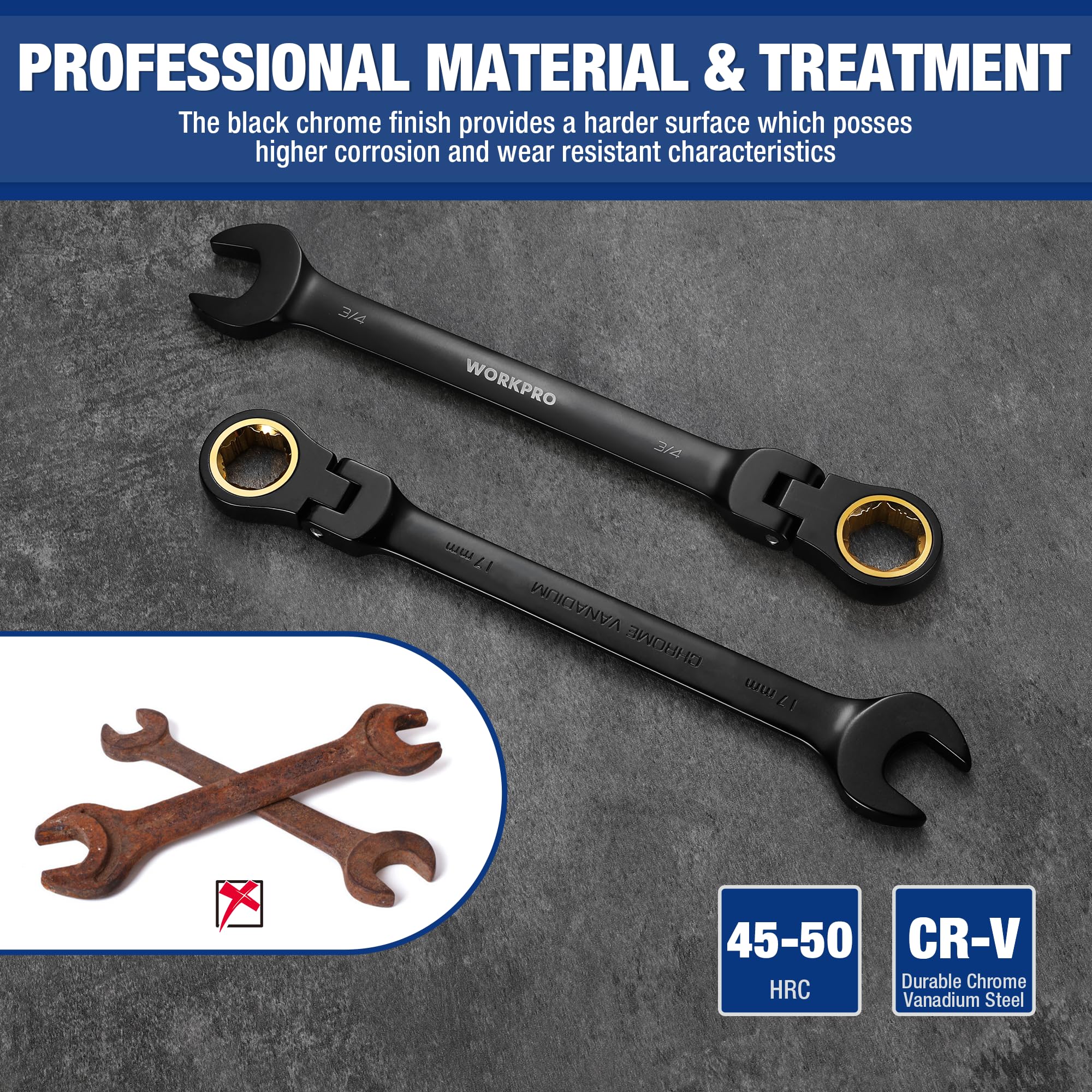 Chrome vanadium steel construction resists wear and corrosion.
