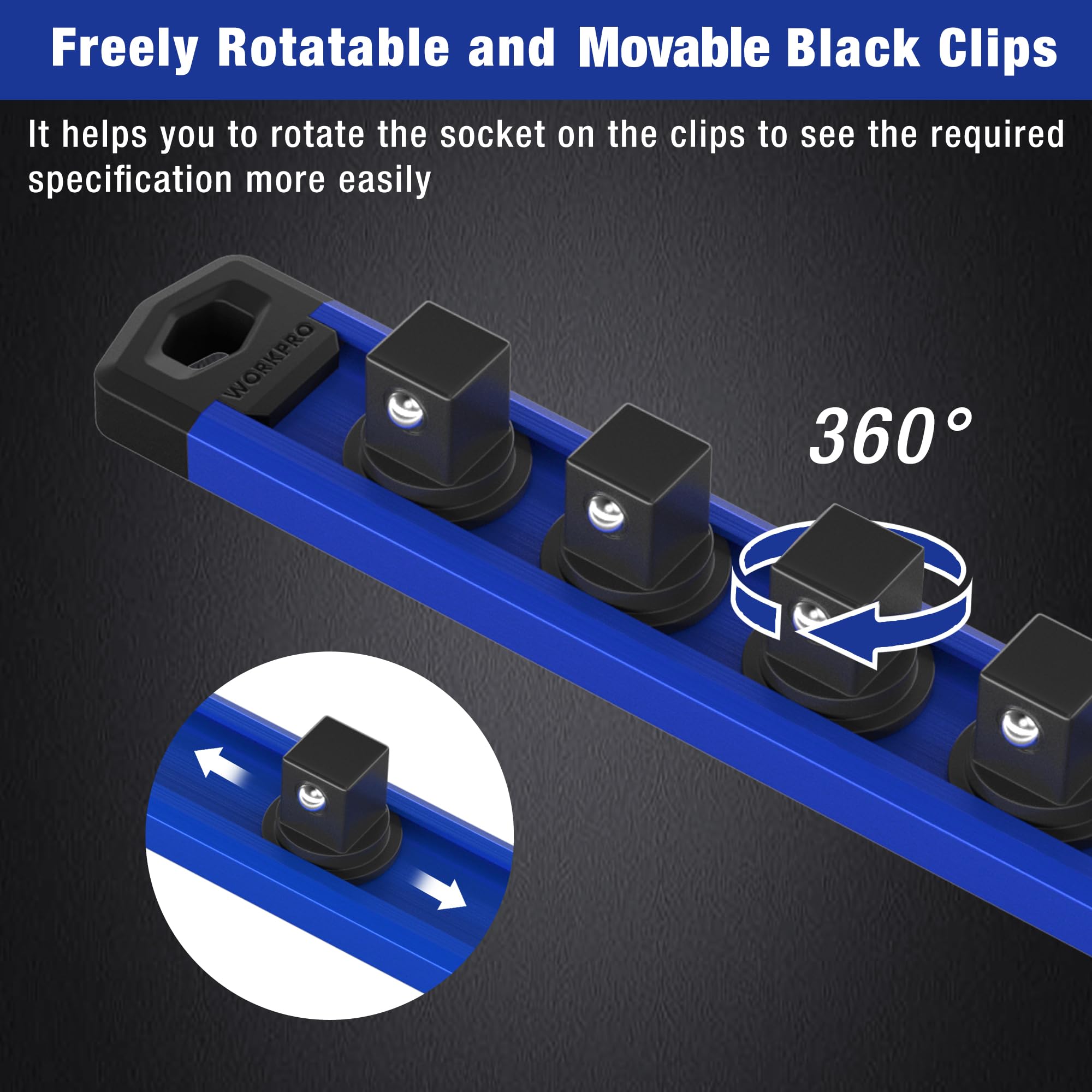WORKPRO rotatable clips enable easy viewing of socket sizes during work