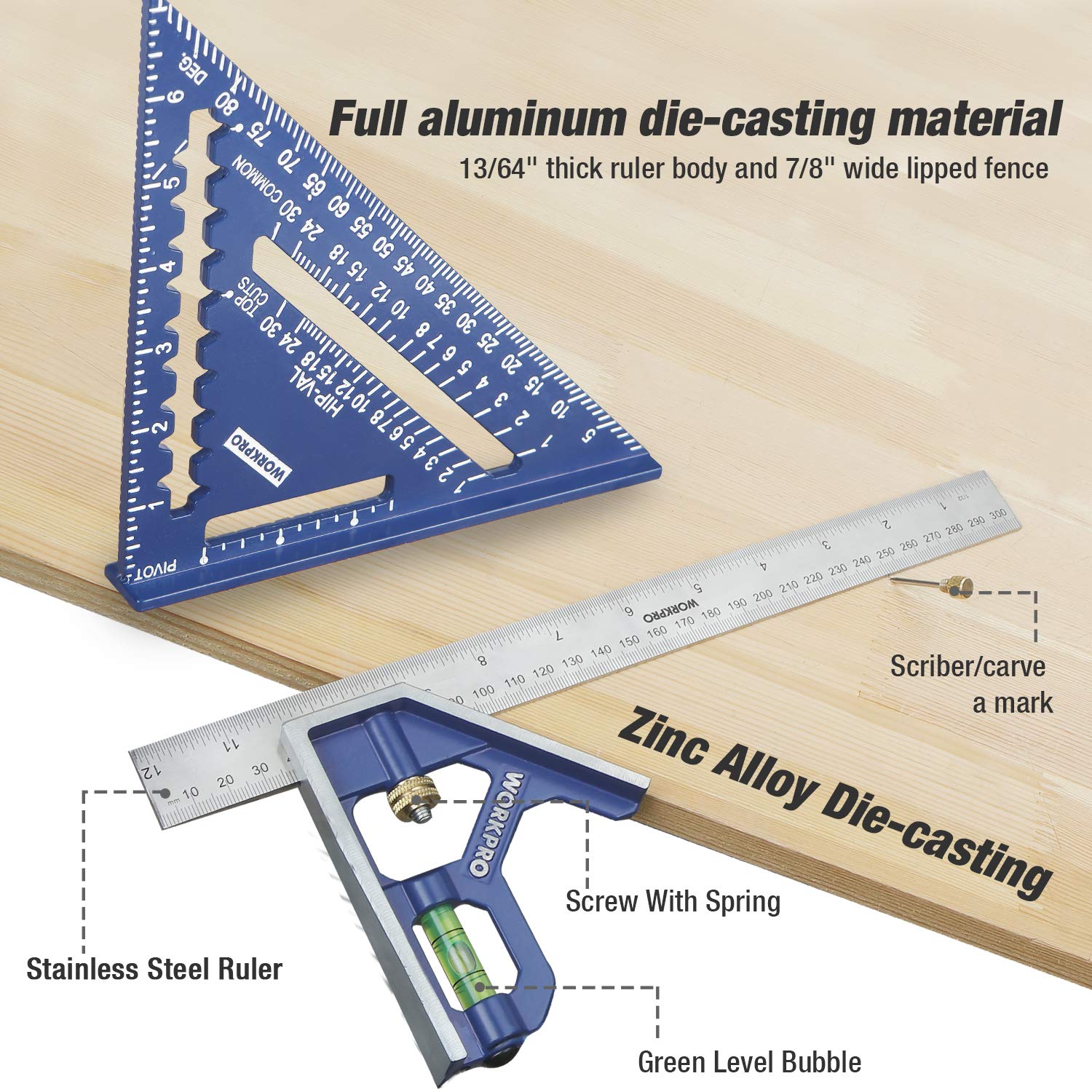 WORKPRO combination square 12in with stainless steel ruler for clear measurements.