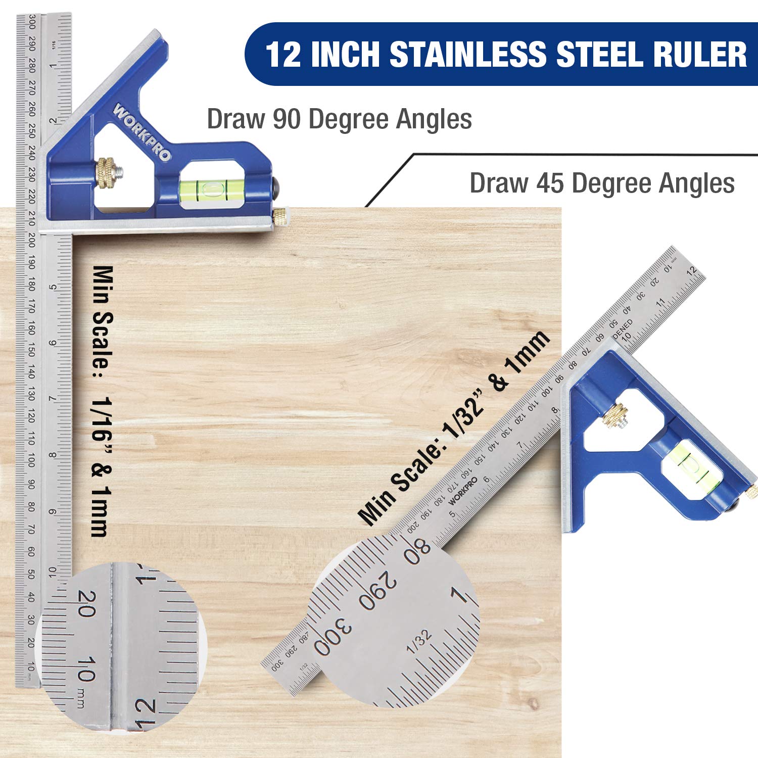 WORKPRO combination square with spring screw for easy ruler detachment.