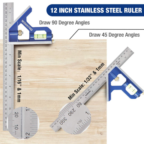 WORKPRO combination square with spring screw for easy ruler detachment.