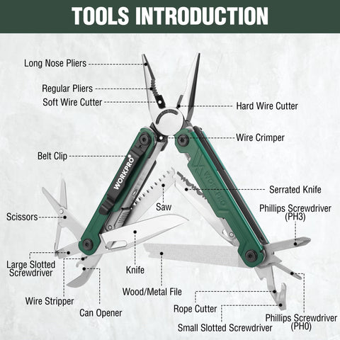 WORKPRO compact 18-in-1 multi-tool with belt clip for easy pocket carry.