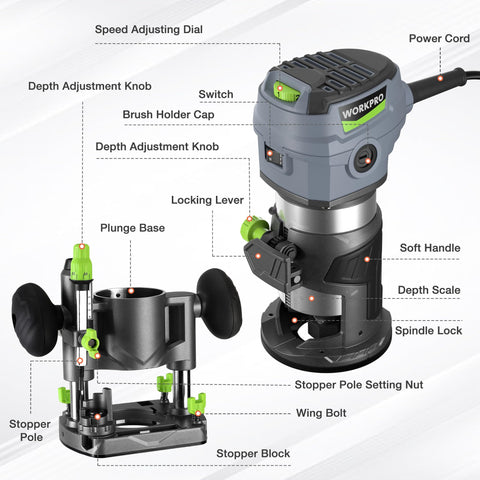 WORKPRO compact router kit with fixed and plunge bases for versatile woodworking.