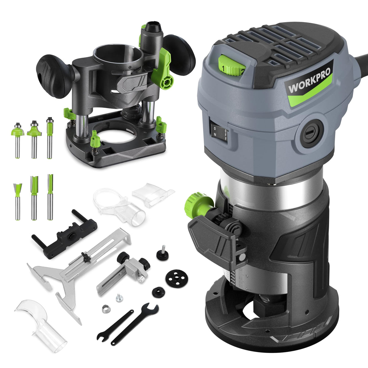 WORKPRO compact router kit front view highlighting compact, precise handheld design.