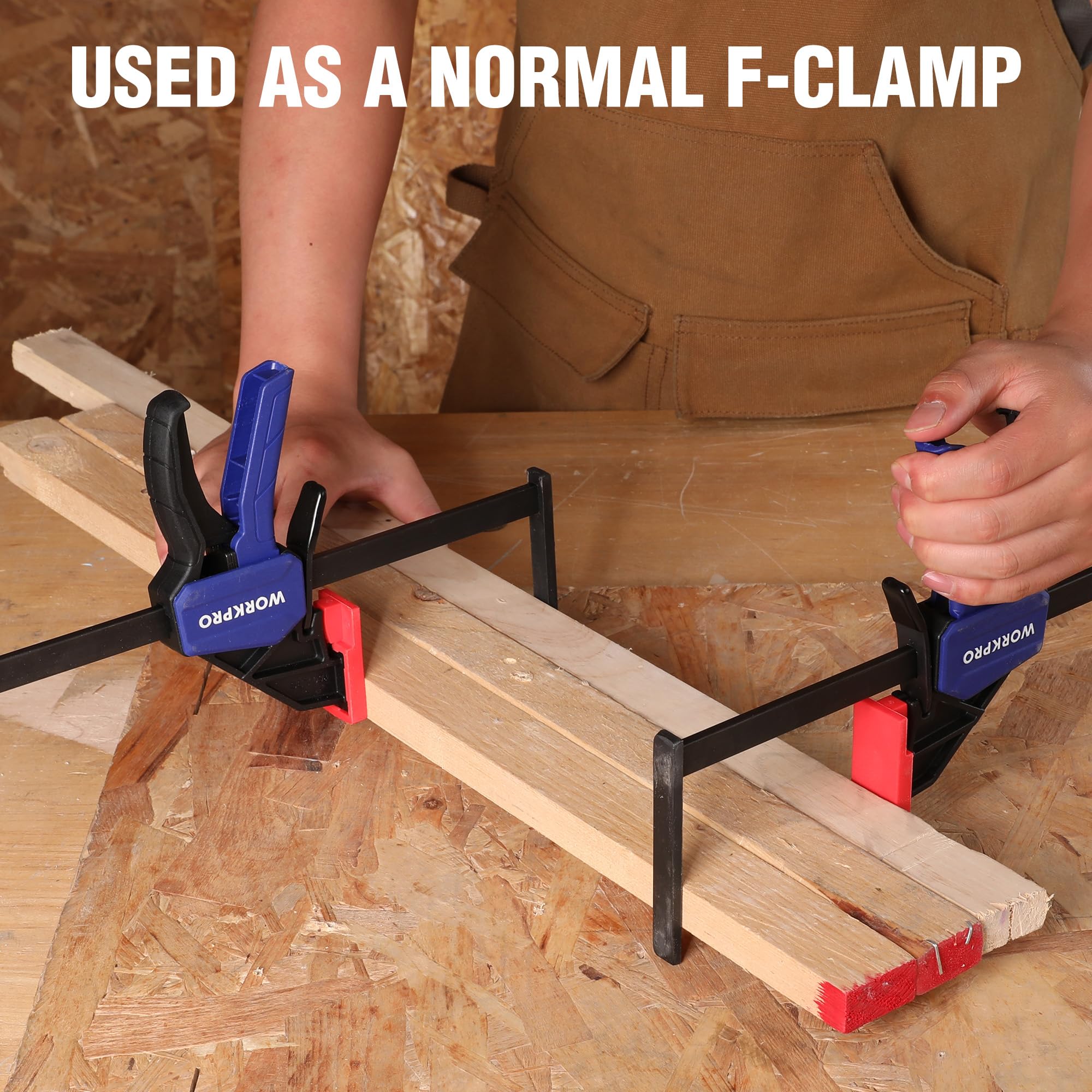 WORKPRO clamps compatible with PowerTec and DeWalt rails for versatile use.