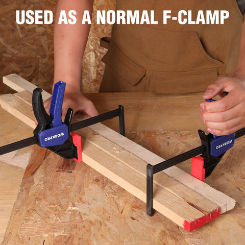 WORKPRO clamps compatible with PowerTec and DeWalt rails for versatile use.