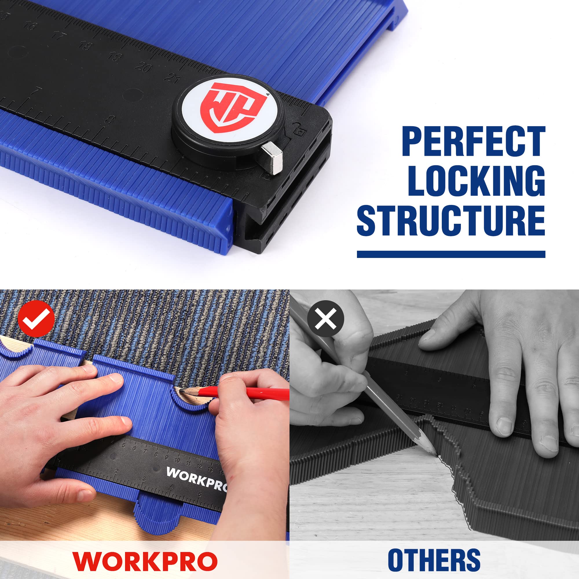 WORKPRO contour gauge lock feature keeps shapes fixed during tracing.