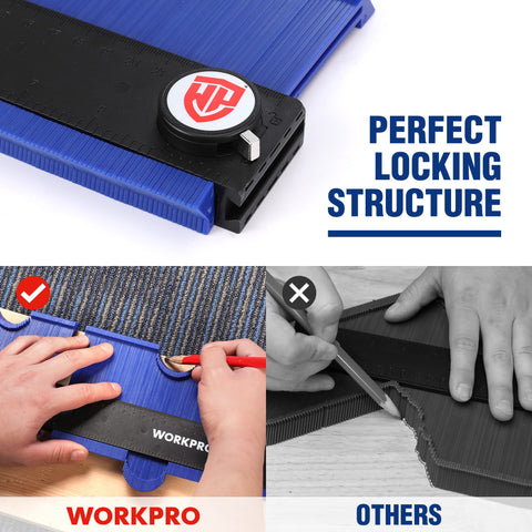 WORKPRO contour gauge lock feature keeps shapes fixed during tracing.