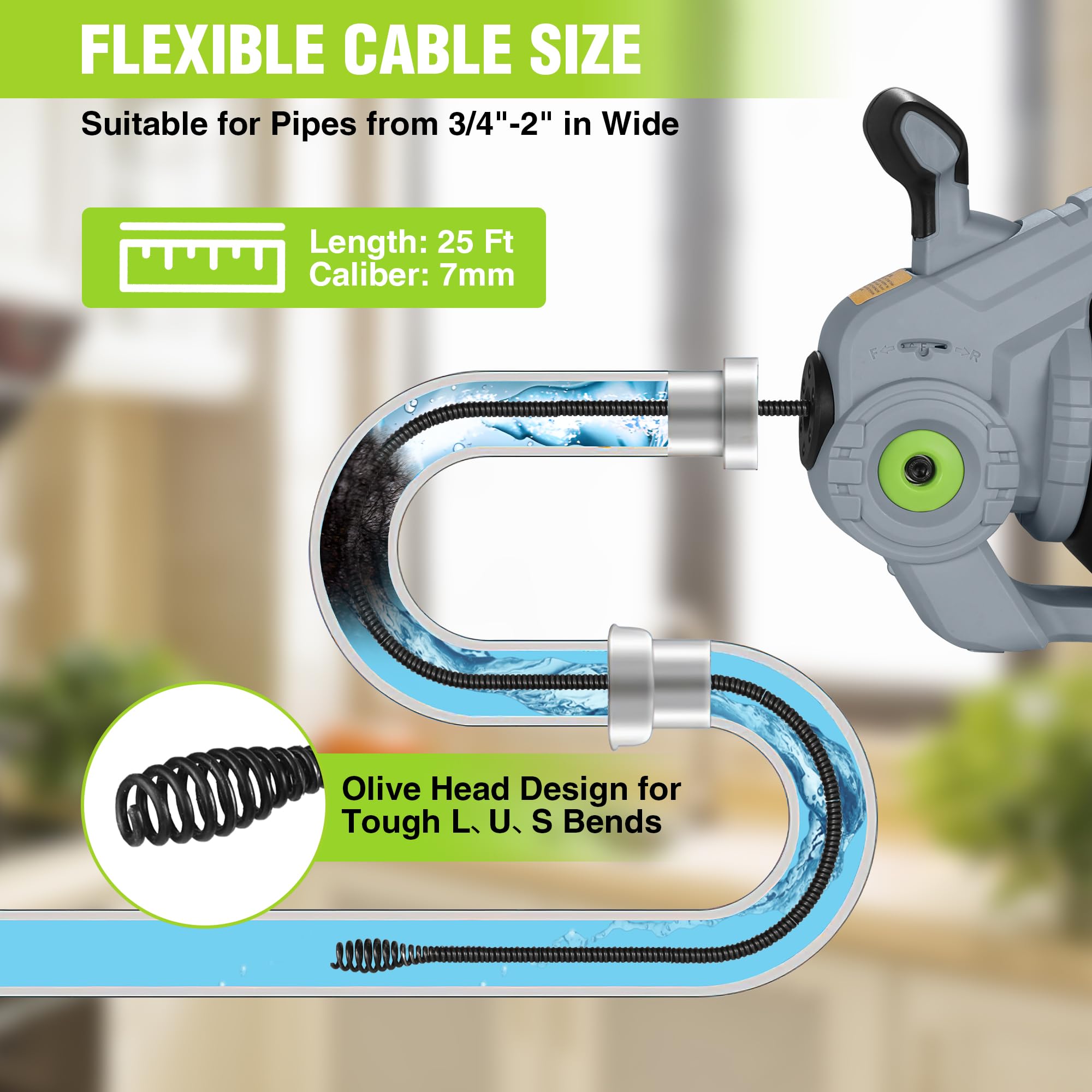 WORKPRO cordless drain snake assembly enables portable use in kitchens, baths, and toilets.