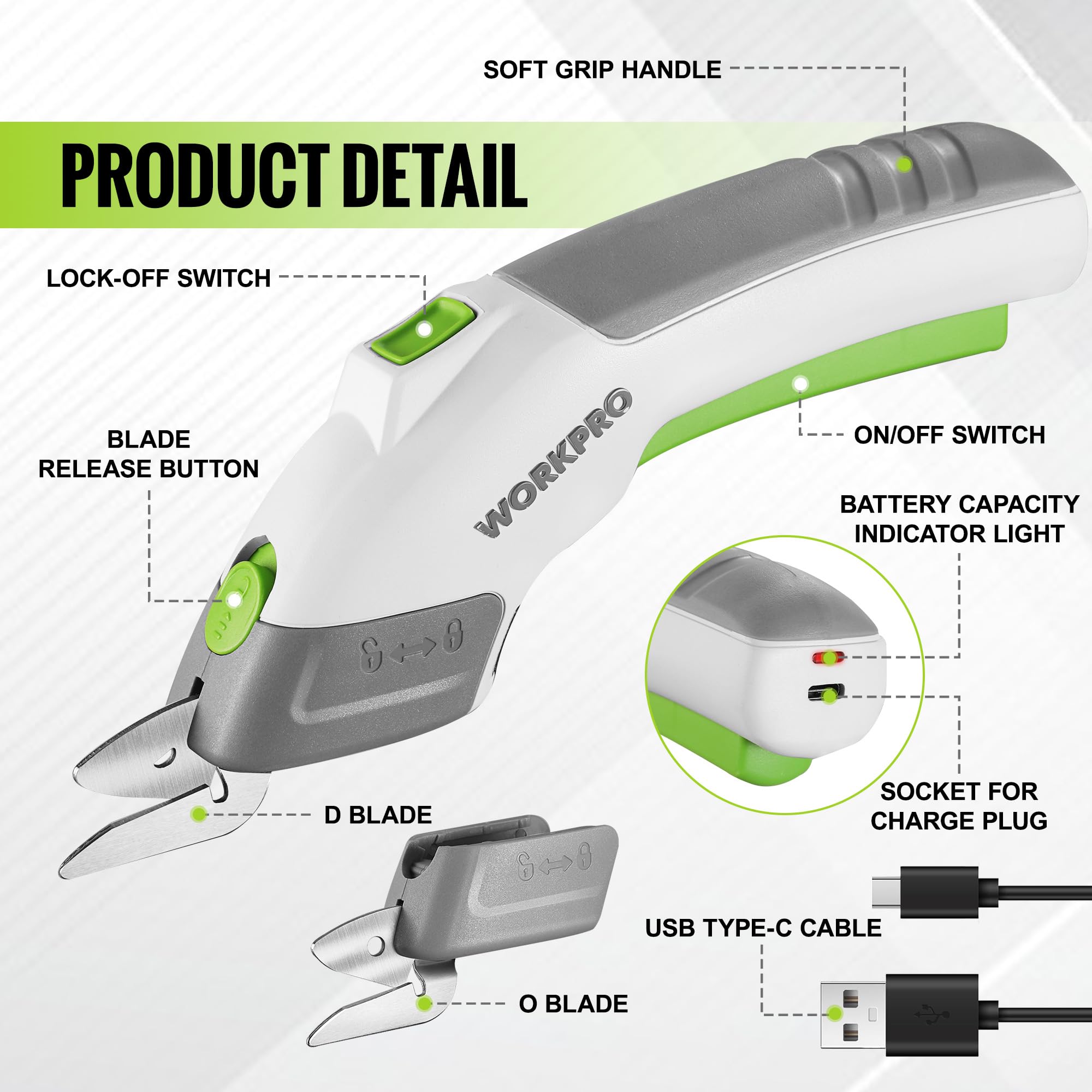WORKPRO cordless electric scissors blade D cuts cardboard with precision for crafts