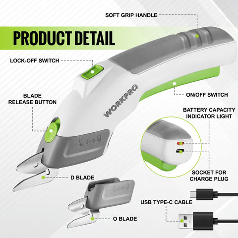 WORKPRO cordless electric scissors blade D cuts cardboard with precision for crafts