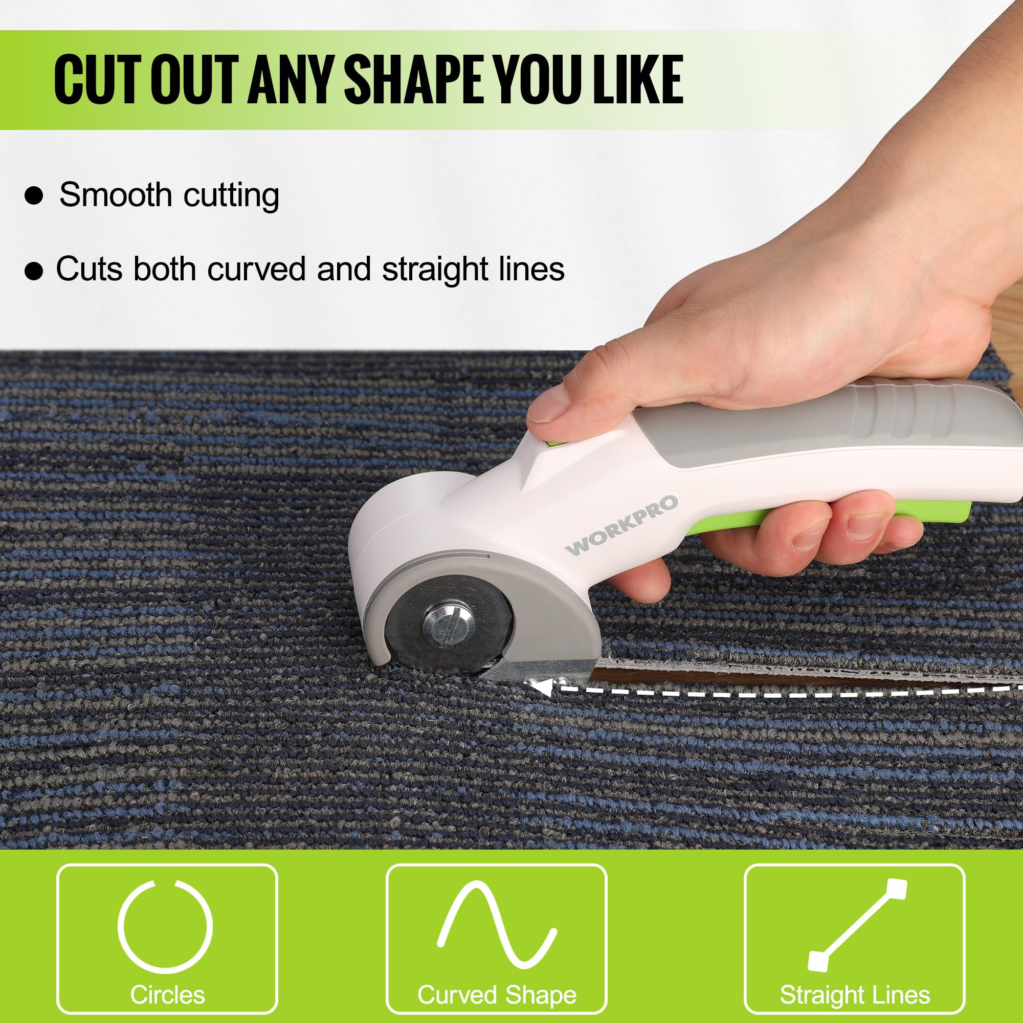 WORKPRO cordless electric scissors cutting carpet during quick DIY