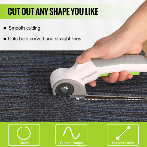 WORKPRO cordless electric scissors cutting carpet during quick DIY