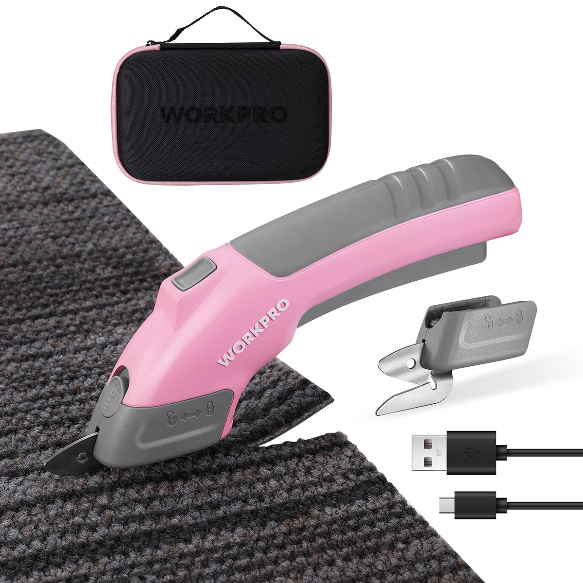 WORKPRO cordless electric scissors cutting fabric with smooth precision.