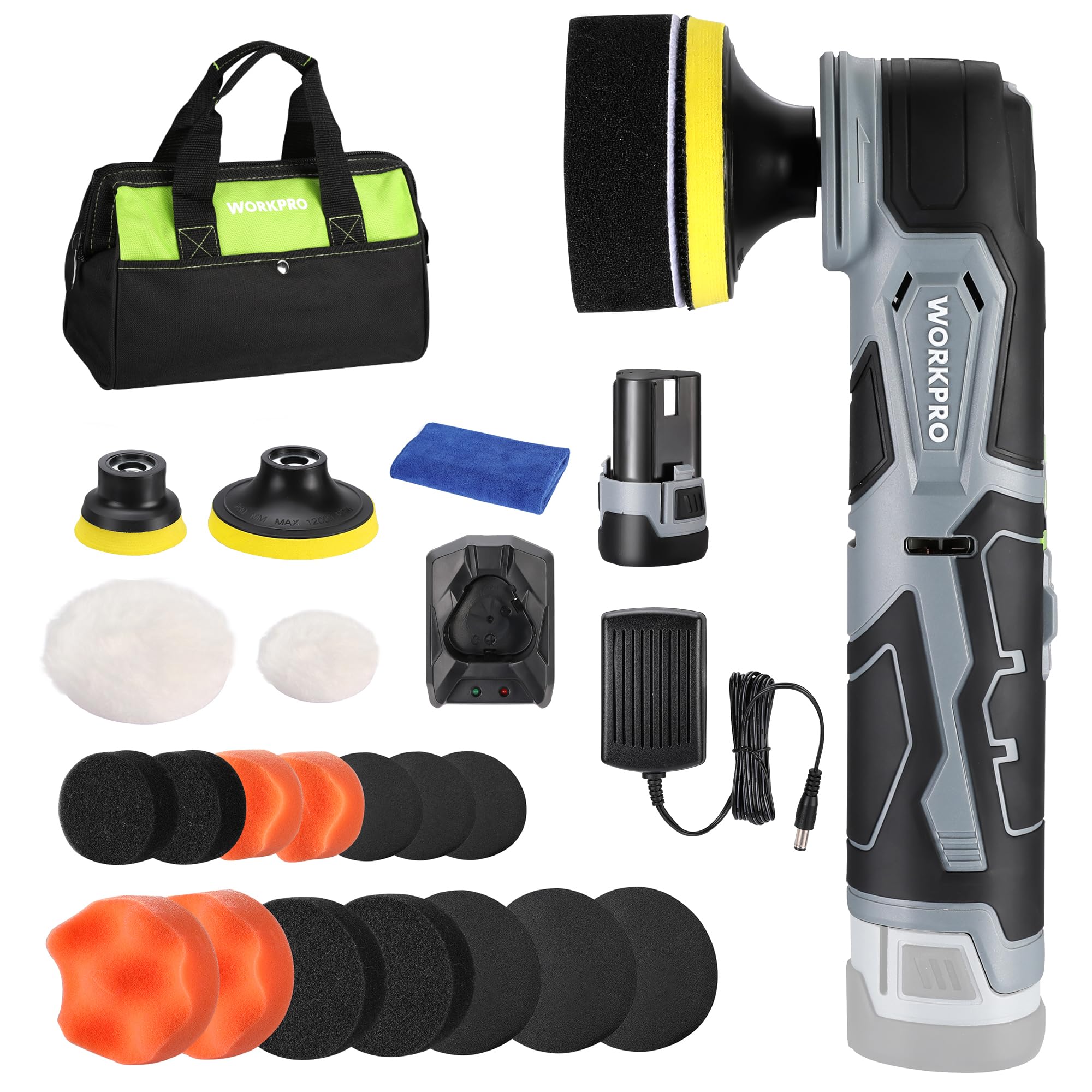 WORKPRO cordless mini buffer polisher front view for easy car detailing