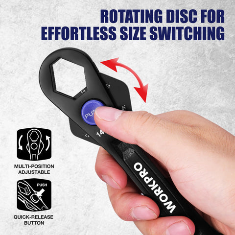 Workpro Cr-Mo steel wrench body offers durable, strong grip.