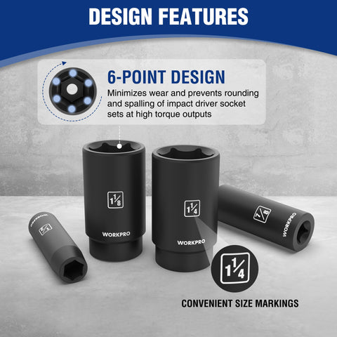 WorkPro Cr-V steel sockets with heat treatment for durability.