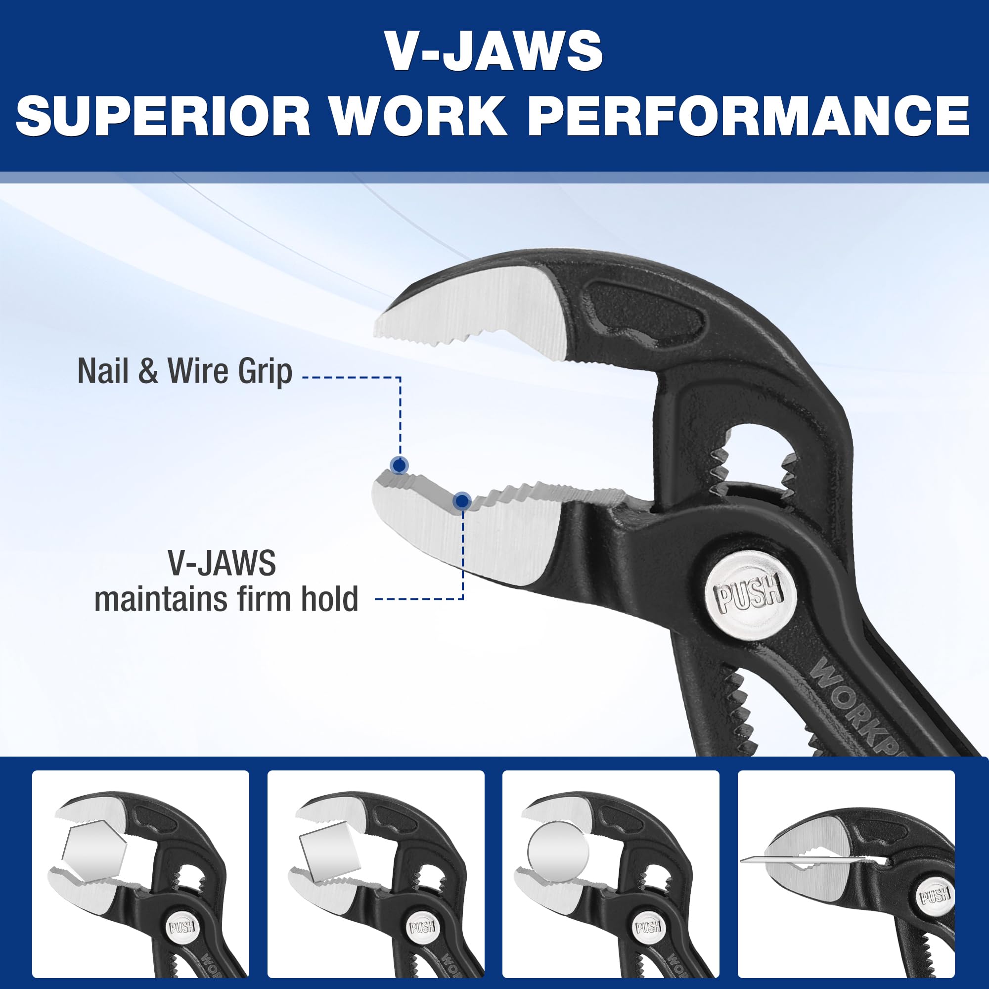 WORKPRO CR-V steel pliers close-up highlighting durable construction