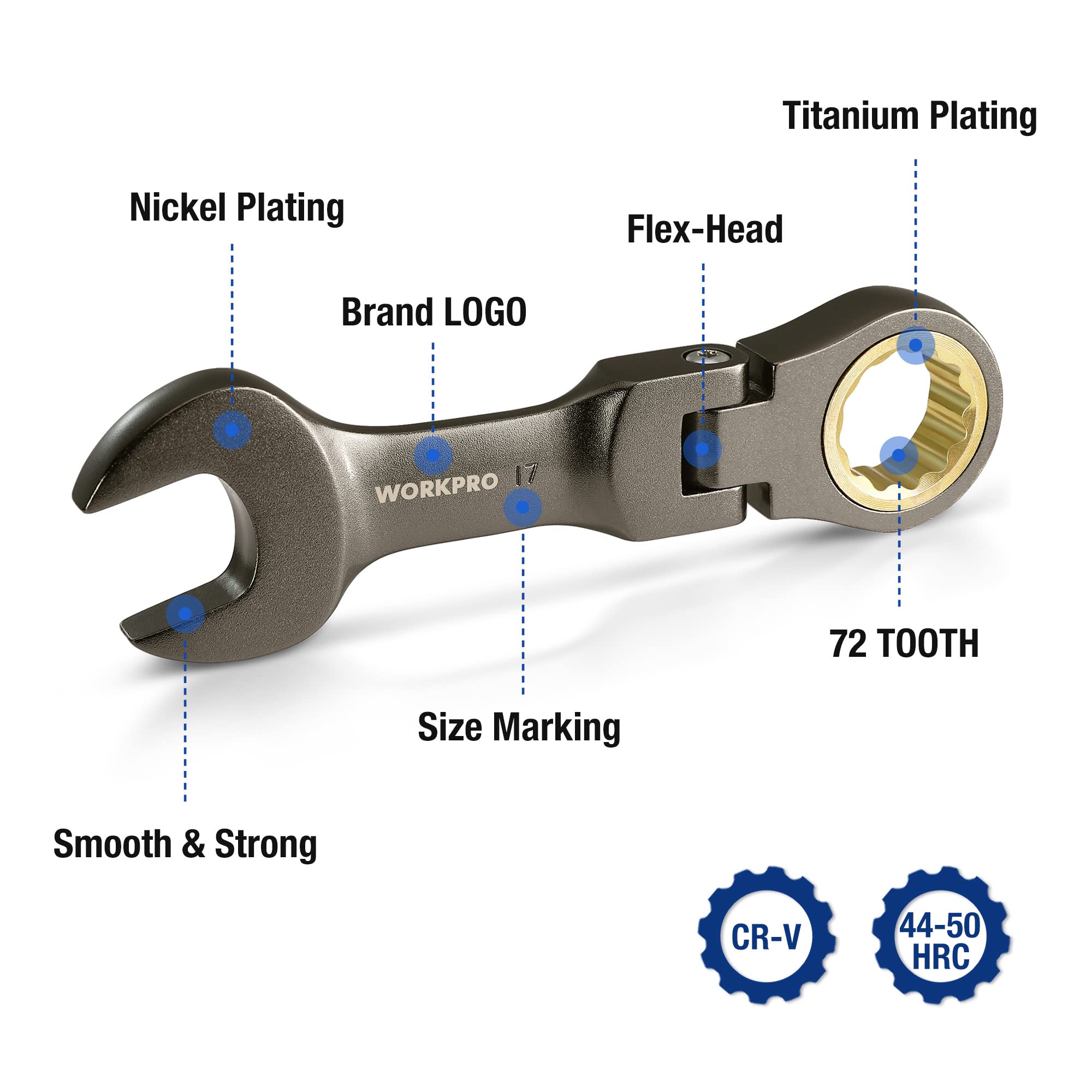 WORKPRO CRV steel nickel-plated wrench resists rust during daily maintenance tasks