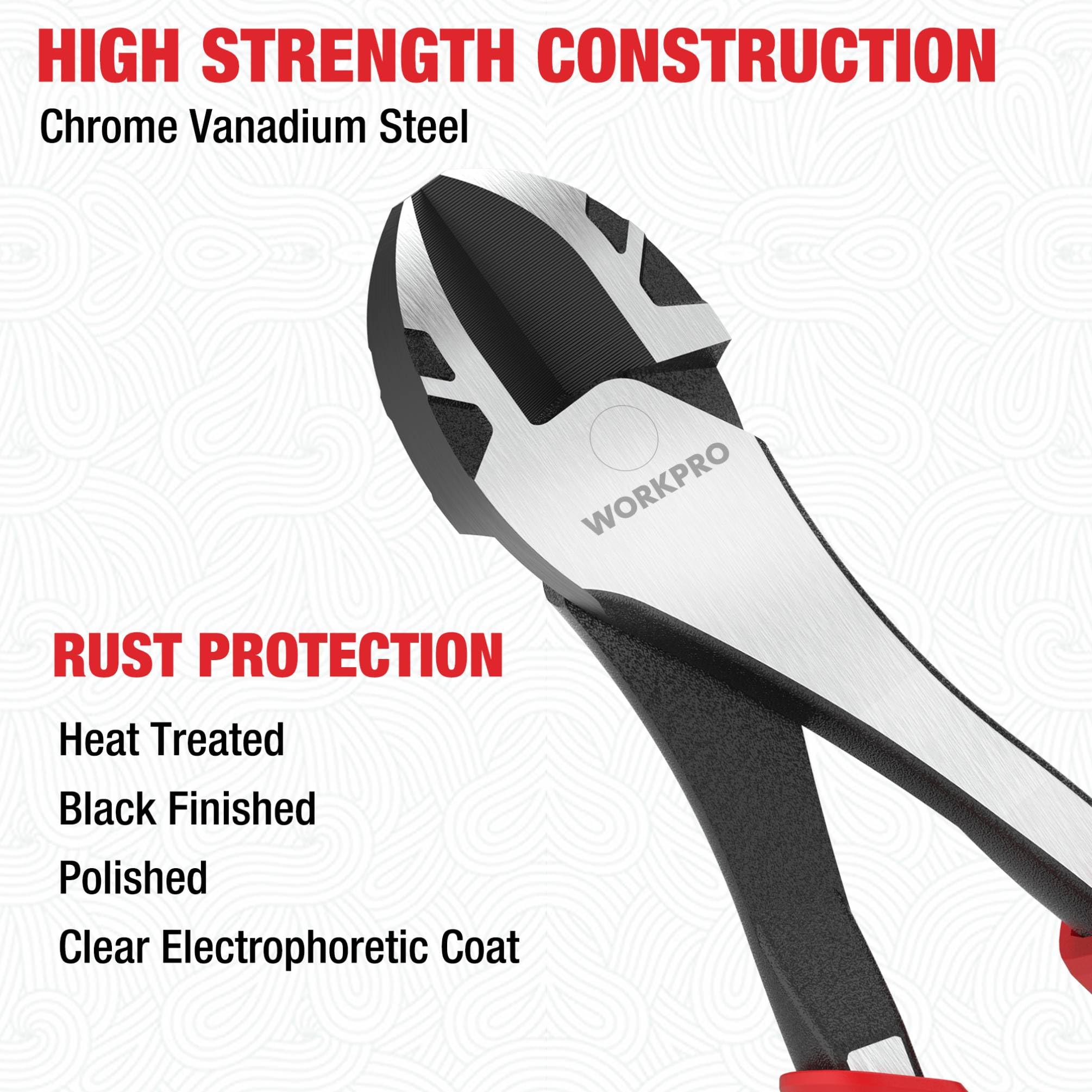 WORKPRO heat-treated CRV steel body denotes durability for frequent use.
