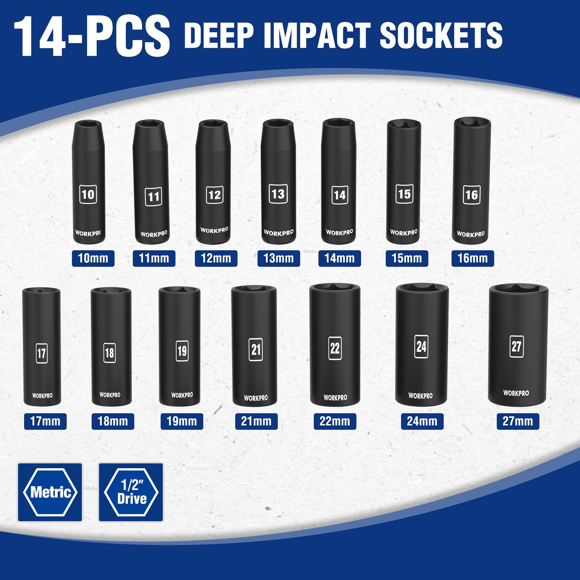WORKPRO deep impact socket 14mm enables reliable grip on stubborn nuts.