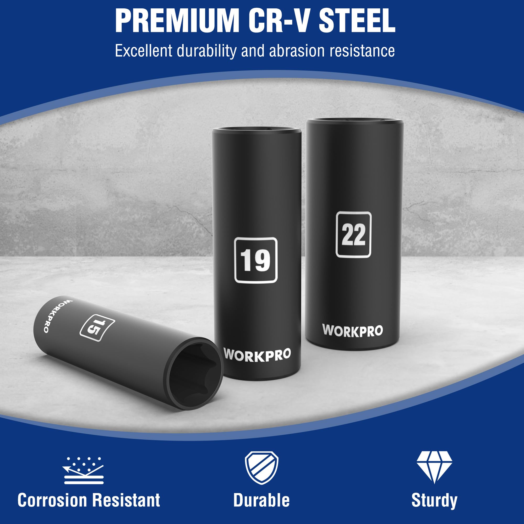WORKPRO deep impact socket 22mm helps remove large fasteners with ease.