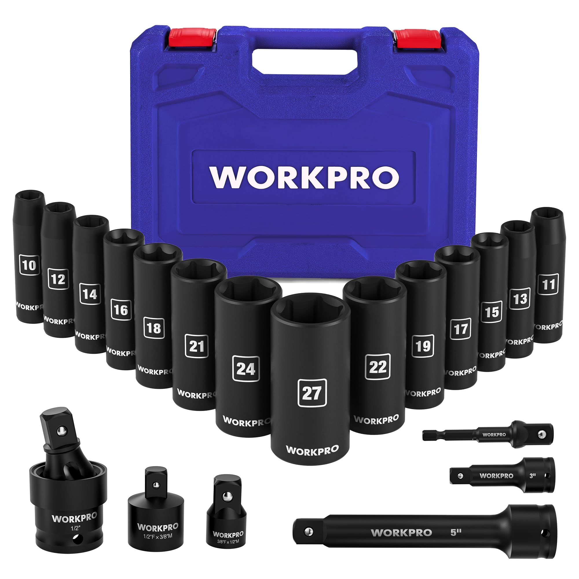 WORKPRO 1/2-inch drive deep impact sockets with metric sizes for automotive maintenance.
