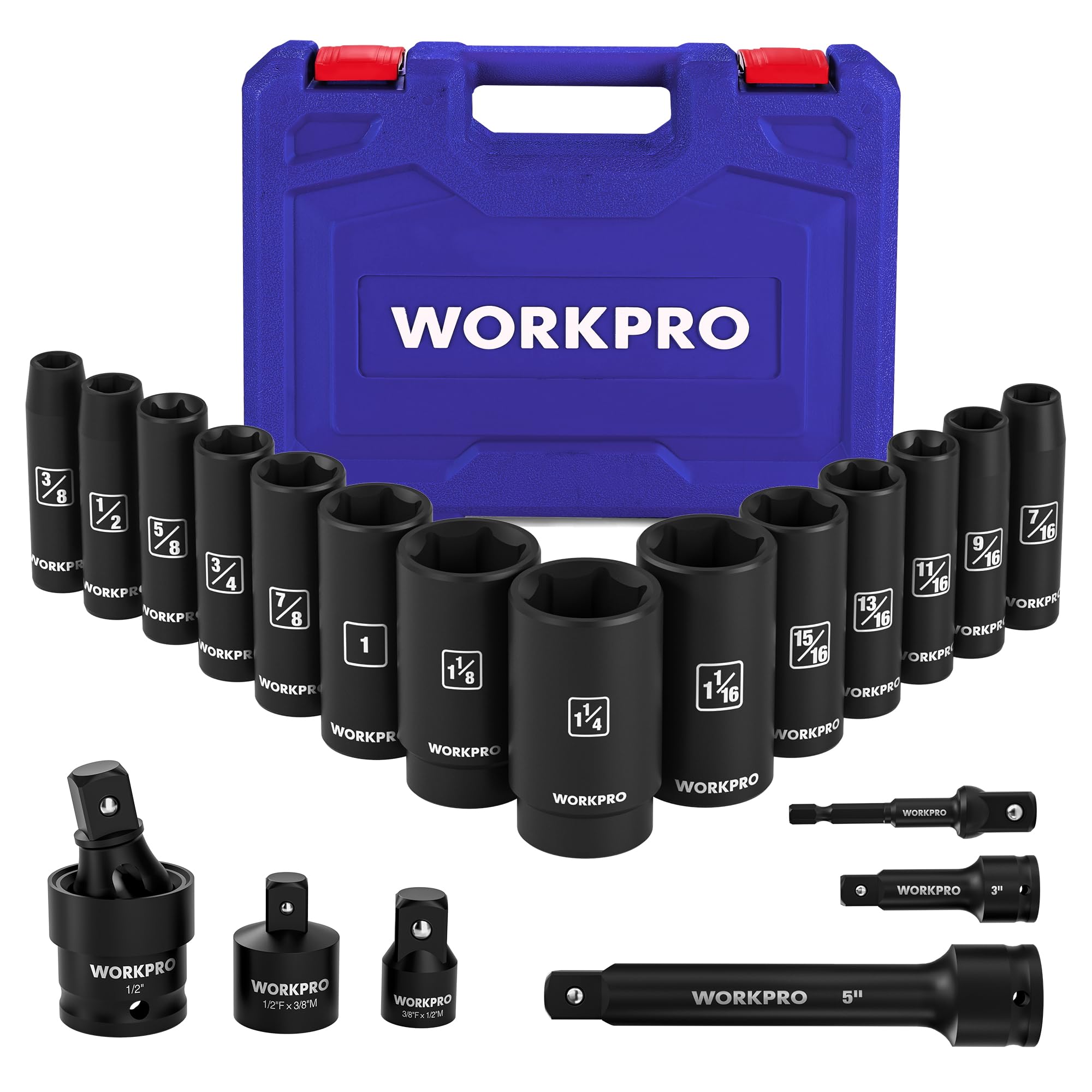 WorkPro 1/2in deep socket set for heavy automotive tasks.
